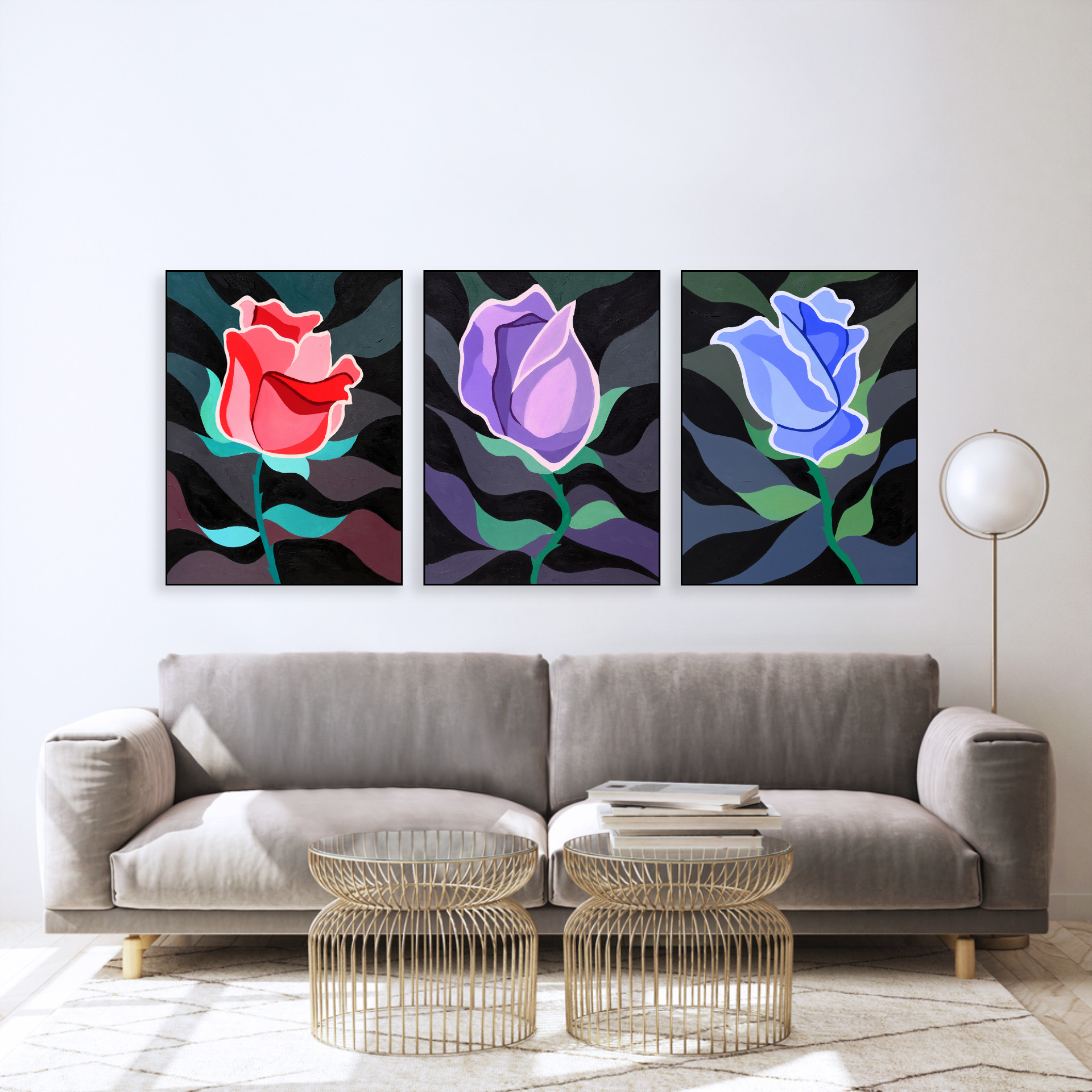 3 panel canvas artwork featuring red, purple and blue single roses by kitchener waterloo artist Paint By Munzy