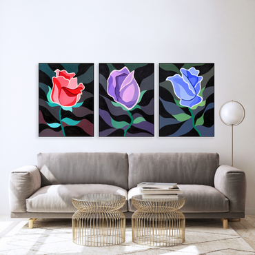 3 Panel Canvas Prints - Dark Roses Red, Purple, Blue