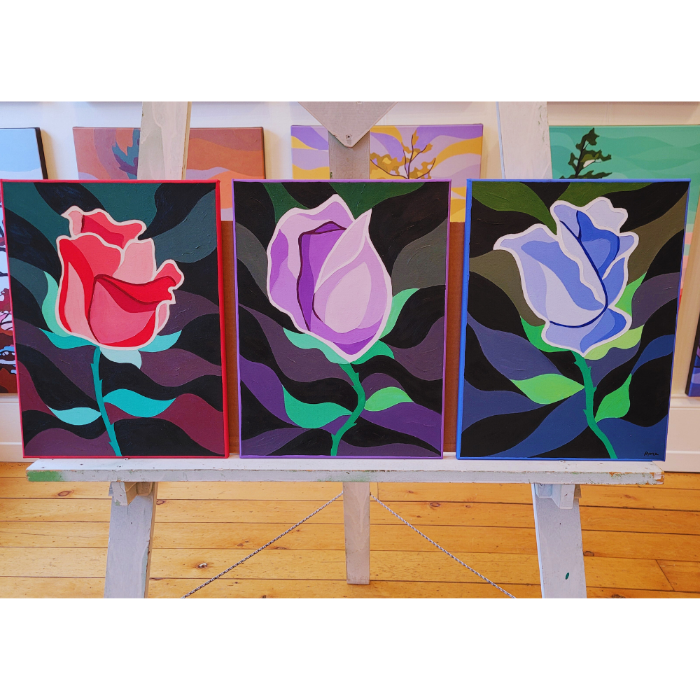Dark Roses Red, Purple, Blue Triptych