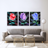 3 panel canvas artwork featuring red, purple and blue single roses by kitchener waterloo artist Paint By Munzy