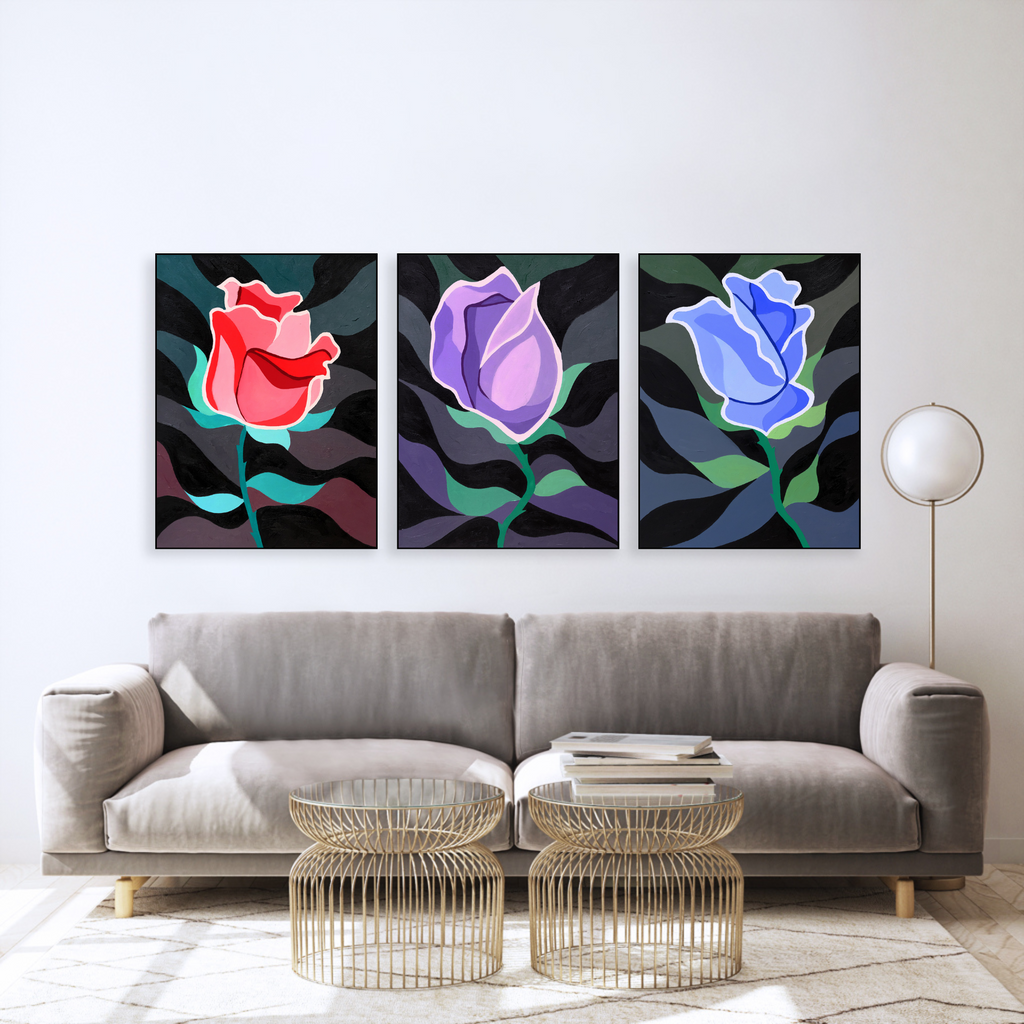 3 panel canvas artwork featuring red, purple and blue single roses by kitchener waterloo artist Paint By Munzy
