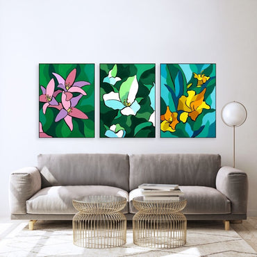 3 Panel Canvas Prints - Yellow Lilies, Trillium Portrait & Pink Lilies